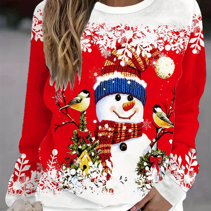 Women'S Red & Christmas Sweater - Long Sleeve Round Neck Winter Warmth with Snowman, Snowflakes & Poinsettia Print - All-Season Casual Pullover for Holiday