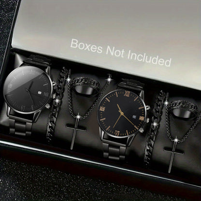 8pcs/set Men'S Black Minimalist Quartz Watch Set with Bracelet, Necklace, And Ring – Elegant Timepiece Gift Box for Casual And Formal Use, Box not included