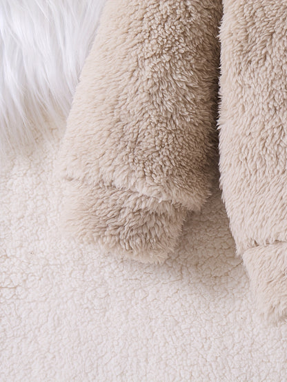 Boys' Autumn and Winter Fashionable Casual Simple Cute Warm Solid Color Plush Bear Embroidered Hoodie Long Pants Two-Piece Set, Perfect for Outdoor