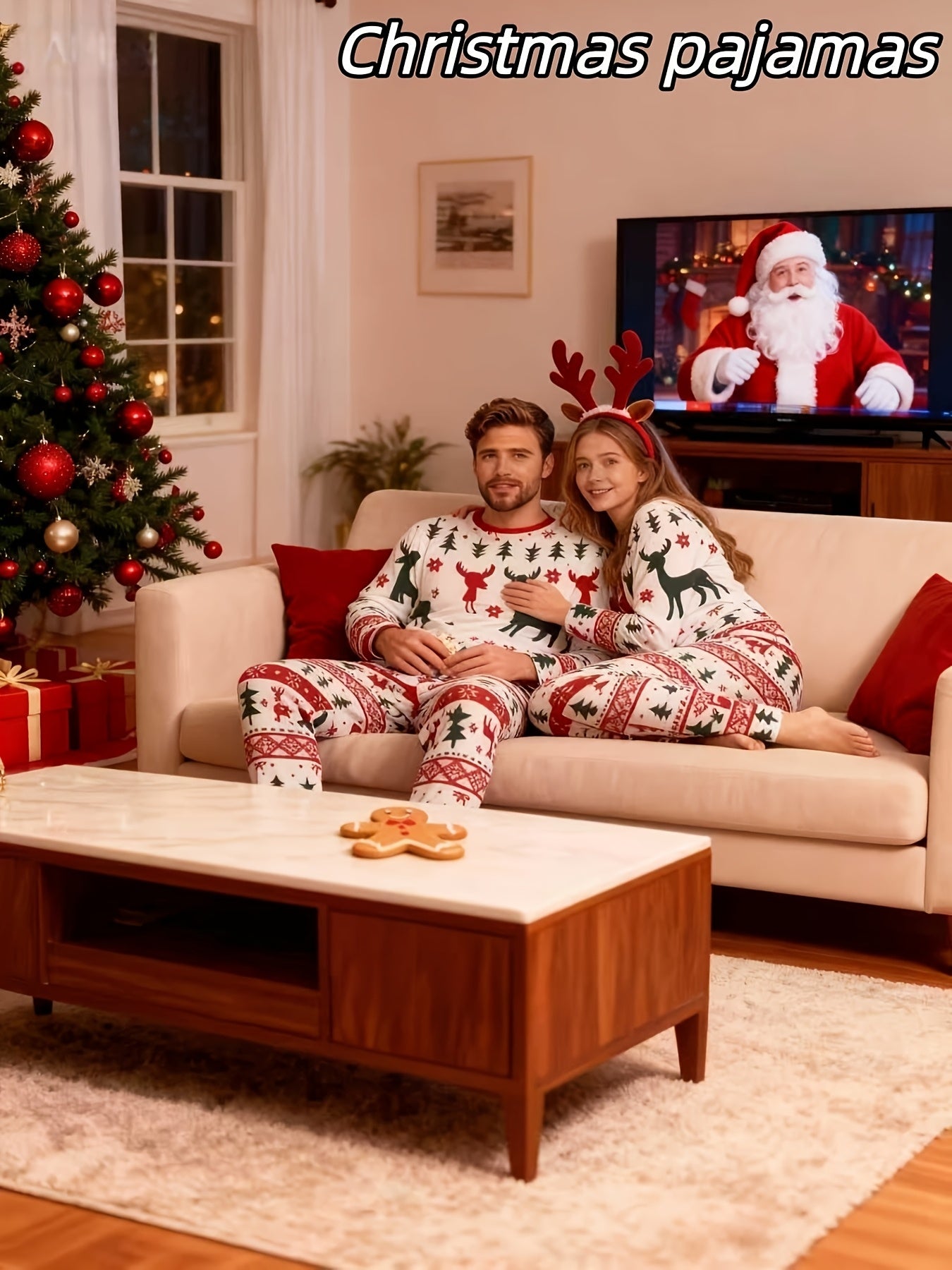 [MEN/WOMEN] Couple Style Christmas Pajamas Loungewear, New Year Gift Christmas Reindeer Print Top with Striped Pants, Long Sleeve Long Pants Pajama Set for Men or Women, Holiday Loungewear Set