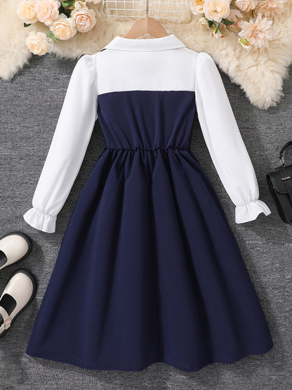 Girls' Preppy Color Block Dress with Lapel Collar & Pleated Skirt