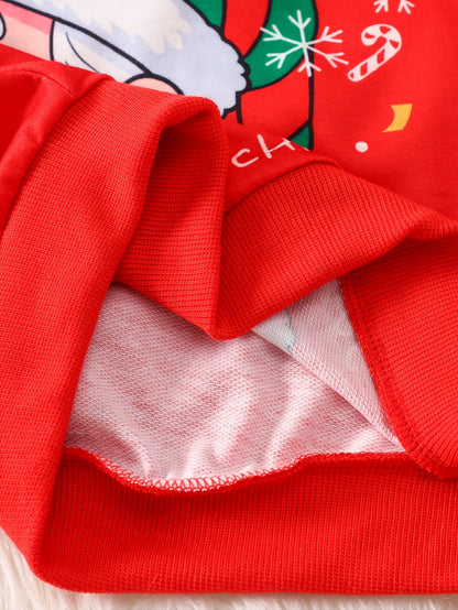 2pcs Girls' Christmas Outfit Set - Red Long Sleeve Top & Black Pants with Santa Claus, Snowflakes & SnowChildren - Cozy Winter Party Outfit for Christmas Day, for Outdoor, Christmas Clothes, Festive Clothing, Holiday Clothing