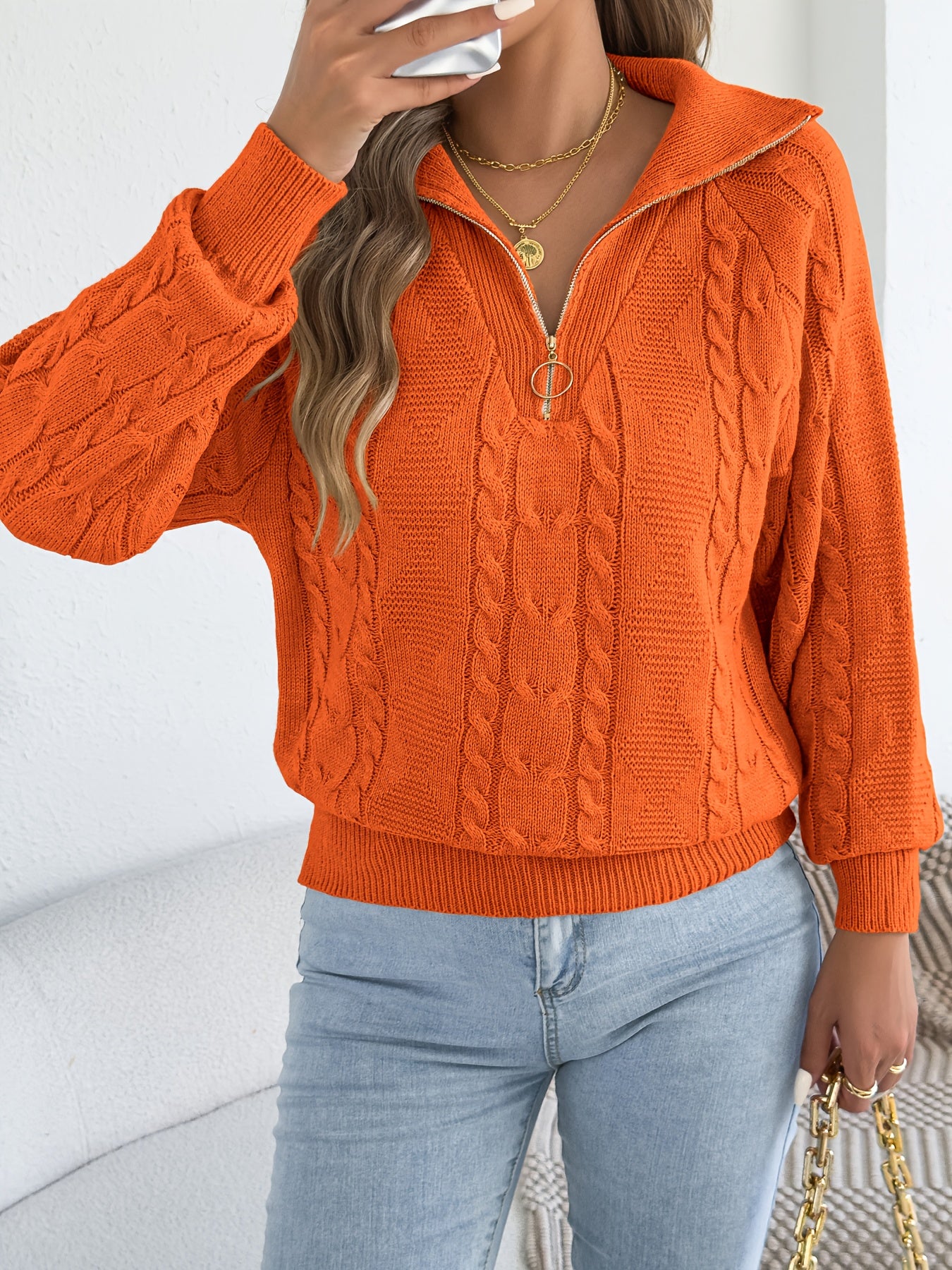 Autumn and Winter Leisure Vacation Pullover Sweater Solid Color Zipper Lapel Women's Sweater