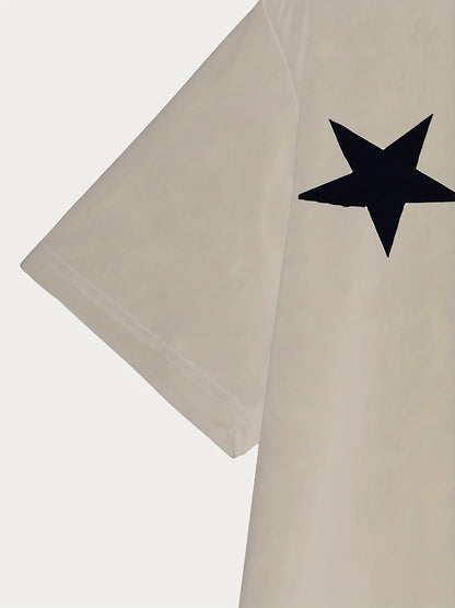3D Print Streetwear Graphic Tee - Casual Short Sleeve Crew Neck, Black  White Star Design with Bold "19.74meter Print, Lightweight Polyester Blend for Casual Attire, Streetwear Fashion   Bold Graphic Tee   Stretchy Fabric