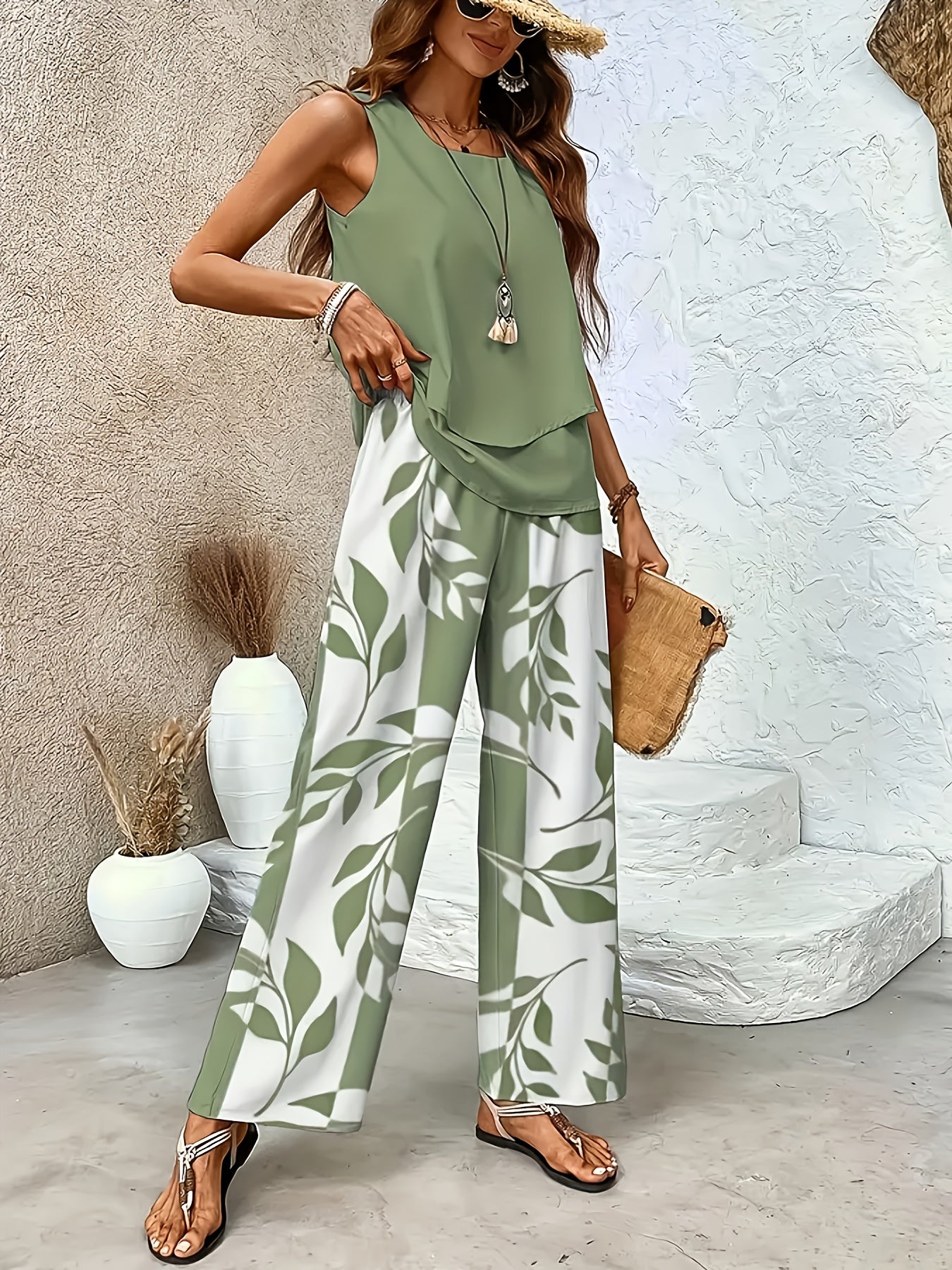 Elegant Sleeveless Cardigan and Floral Pants Set for Spring