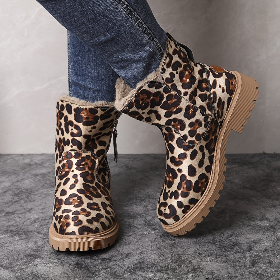 Women's Plush-Lined Winter Snow Boots - Thick Warm Fabric Upper & Lining, Slip-Resistant Rubber Sole, Leopard Print & Black, Durable for Outdoor Winter Traction