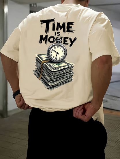 Men'S Casual Short Sleeve T-Shirt with "Time is Money" Clock  Stack of Cash Graphic - Lightweight Polyester, Loose Fit, Round Neck, Perfect for Spring  Summer Outdoor Wear, Relaxed Fit Shirt   Bold Graphic Tee   Glossy Text