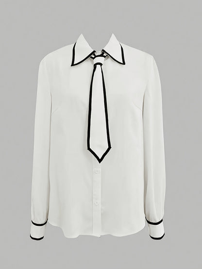 Women's Black & White Color-Block Knotted Long Sleeve Shirt - ayq