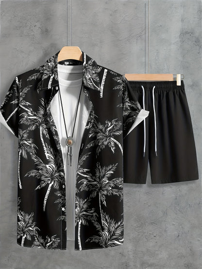 Coconut Tree Print, Men's 2Pcs Outfits, Casual Camp Collar Lapel Button Up Short Sleeve Shirts Hawaii Shirt And Drawstring Shorts Set For Summer, Men's Clothing