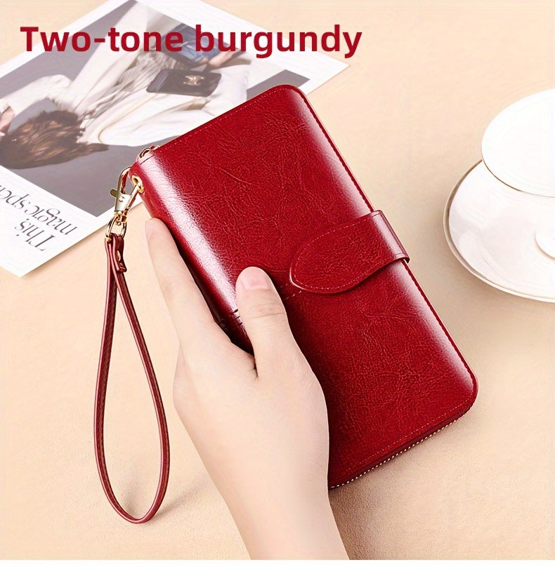 Two-Layer Cowhide Leather Clutch Wallet for Men & Women, Casual Large Capacity RFID Blocking Zippered Hand Purse with Transparent ID Slot and Anti-Theft Brush, Versatile for Going Out