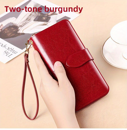 Two-Layer Cowhide Leather Clutch Wallet for Men & Women, Casual Large Capacity RFID Blocking Zippered Hand Purse with Transparent ID Slot and Anti-Theft Brush, Versatile for Going Out