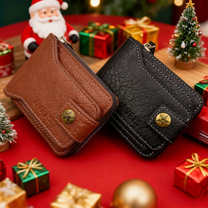 1pc of Casual Vintage Men'S Short Zip Wallet, Coin Purse with Pentagram Copper Buckle Design, Multifunctional Wallet (Christmas Gift)