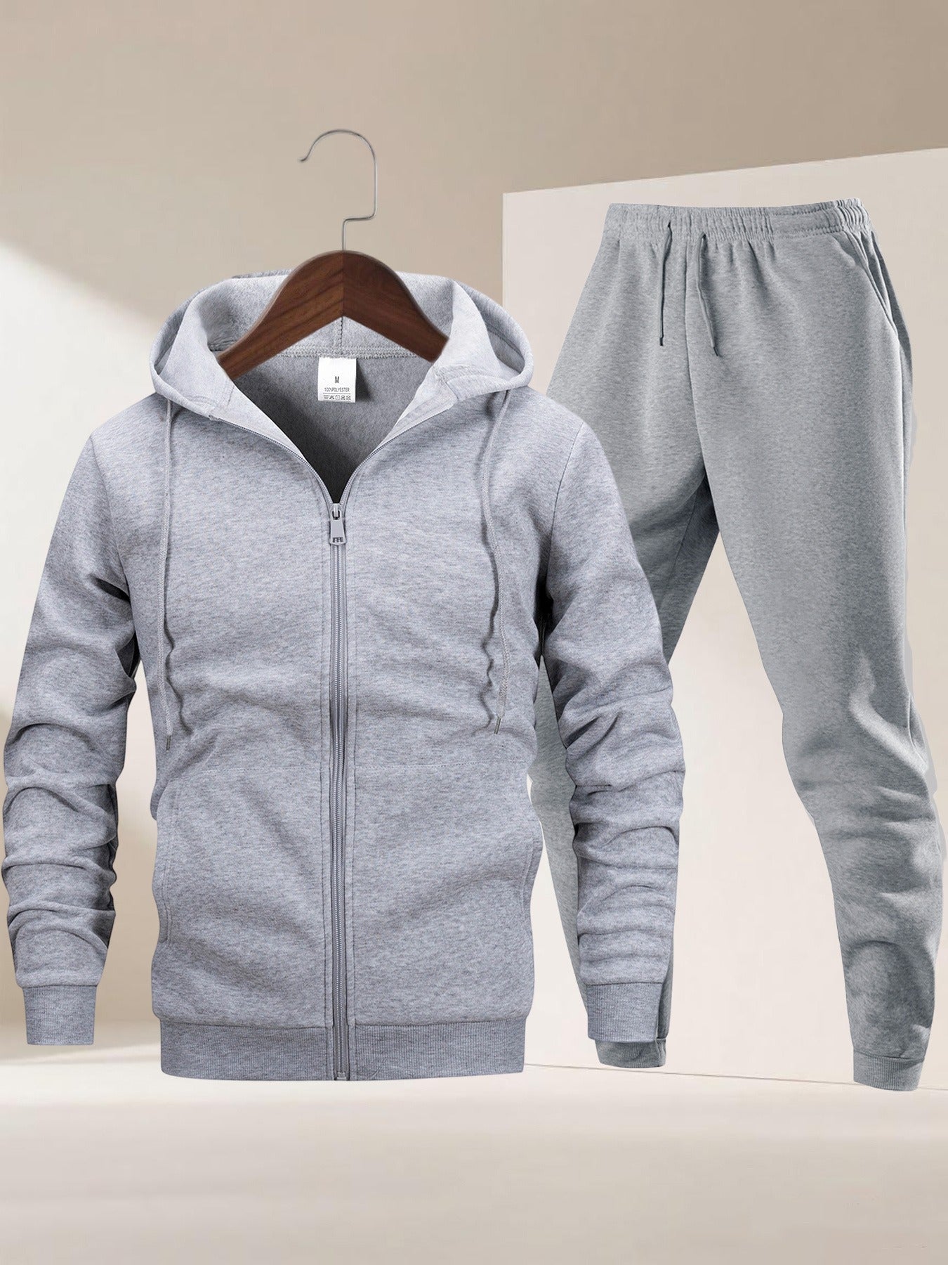 Autumn Winter Men's Hooded Sportswear Set, Simple Classic Versatile Outfit with Zip-Up -Lined Warm Jacket and Drawstring Sweatpants for Casual Leisurewear