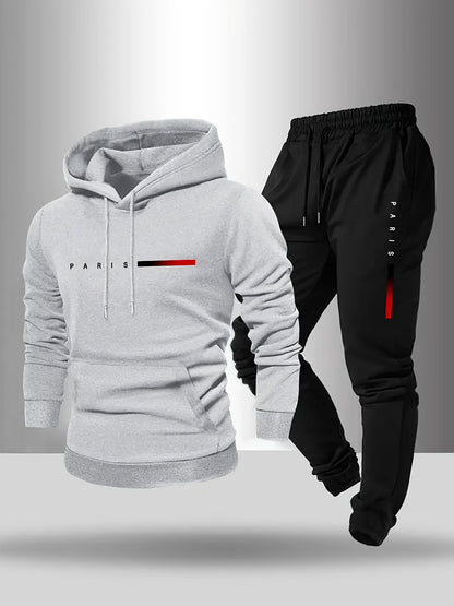 Halloween Men'S Hoodie with PARIS Lettering And Drawstring Sweatpants Set, a Must-Have Outfit for Autumn And Winter, Perfect for Everyday Outdoor Wear