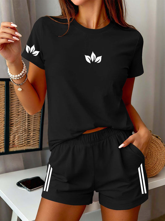 Women's Casual Leaf Print Short Sleeve & Shorts Set for Spring/Summer