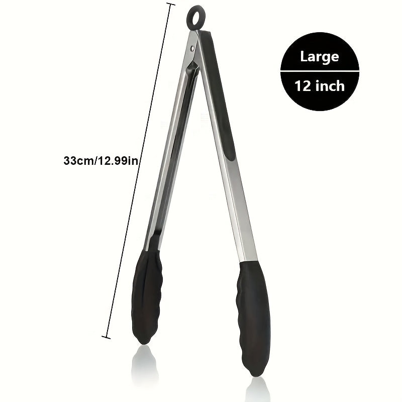 Sturdy Kitchen Tongs Made of Stainless Steel with Silicone Ends - Resistant to Heat, Equipped with a Locking Feature for a Secure Grip, Offered in Lengths of 17.78 cm, 22.86 cm, And 30.48 cm, in Black.