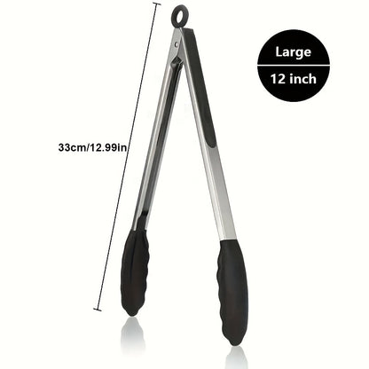 Sturdy Kitchen Tongs Made of Stainless Steel with Silicone Ends - Resistant to Heat, Equipped with a Locking Feature for a Secure Grip, Offered in Lengths of 17.78 cm, 22.86 cm, And 30.48 cm, in Black.