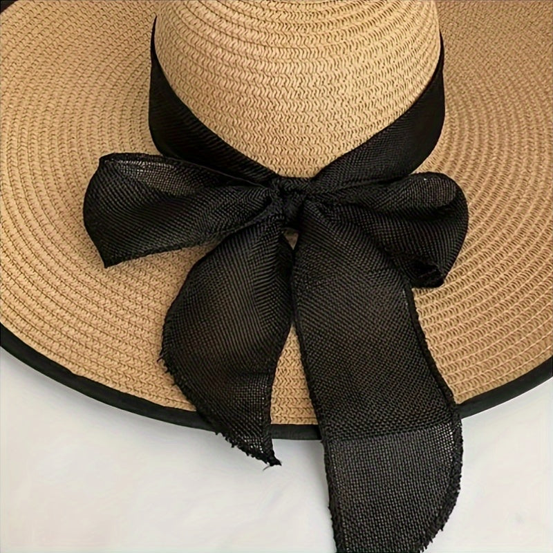 Elegant Women'S Wide Brim Straw Sun Hat with Black Bow - Stylish & Breathable Beach Hat for Summer, Ladies' Beach Accessory with Paper Straw Design, Beach Accessories|Bowknot Adornment|Paper Straw Material
