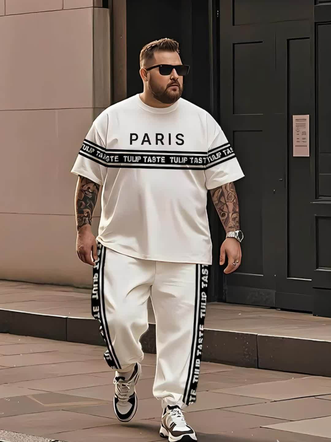 Black and White Striped Urban Style Large Size Men's Round Neck Short Sleeve T-shirt and Pants Black and White 3D Striped Mixed Print Simple Paris Letter Street Culture Short Sleeve T-shirt Urban Striped Letter Print Pants Fa