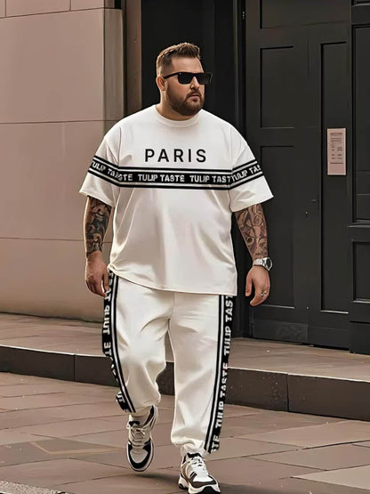 Black and White Striped Urban Style Large Size Men's Round Neck Short Sleeve T-shirt and Pants Black and White 3D Striped Mixed Print Simple Paris Letter Street Culture Short Sleeve T-shirt Urban Striped Letter Print Pants Fa