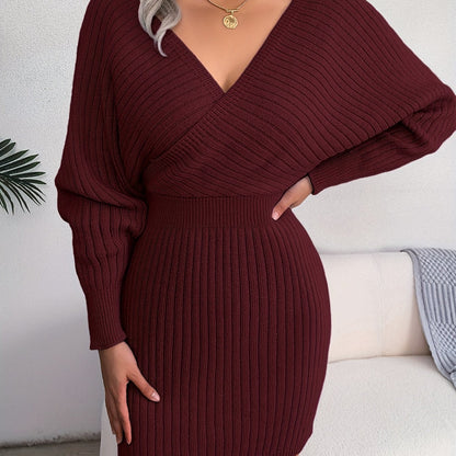 Sexy Cross V Neck Bodycon Sweater Dress, Batwing Sleeve Solid Criss Cross Neck Cross Sexy Dresses, Women'S Clothing