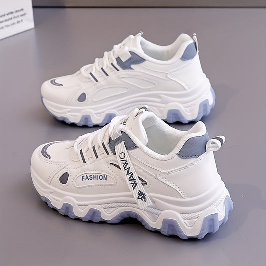 Women'S Fashion Sneakers - White Low-Top Lace-Up with Thick Sole, Stylish Tassel Detail, Lightweight All-Season Hiking and Walking Shoes, Casual Outdoor Footwear Trendy Casual Shoes Lightweight Footwear