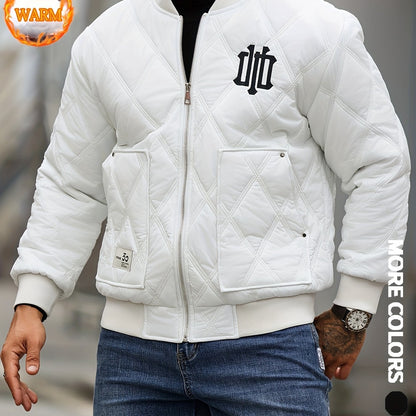 Men's Heavy-Duty Winter Jacket with Thick & Windproof, White Coat with Black Logo & Lettering, Large Zippered Pocket, Machine Washable - Casual Outerwear for Skiing, Travel, Streetwear (Regular Fit), Winter Jacket For Men, Me