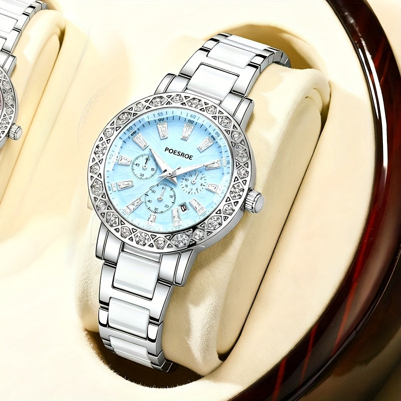 Women's Casual Quartz Watch with Rhinestone Case & Steel Strap