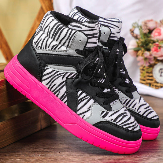 Women'S Winter Zebra Print Hiking Boots - Mid-Top Round Toe PU Cover-like Texture, Soft Comfortable Lace-Up Ankle Support, Pink Sole & Arch Support