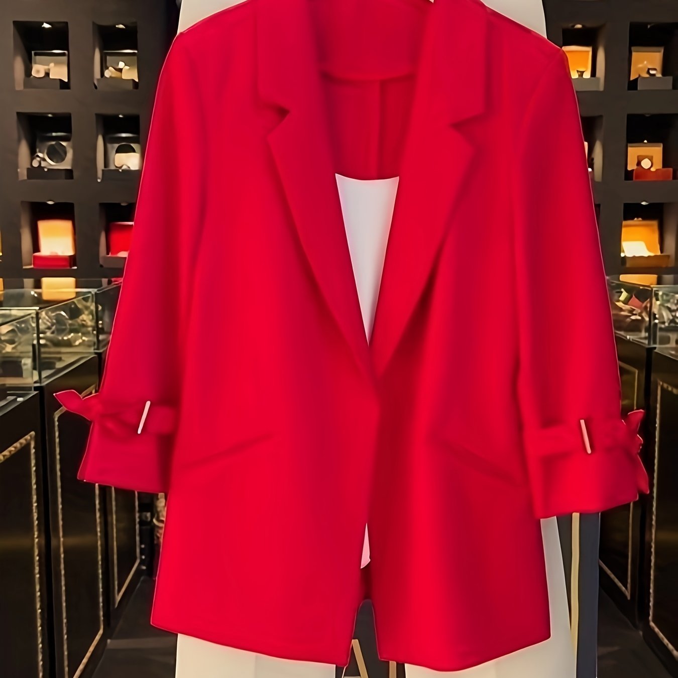 Women's Elegant Red Blazer Jacket - No-Buckle Open Front Long Sleeve Coat, Machine Washable H-Silhouette Solid Color for All-Season Office & Casual Wear