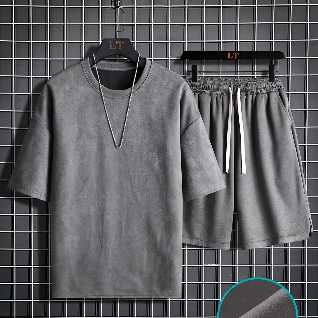 Two-piece Men's summer short-sleeve set, round-neck T-shirt, high-end solid color, half-sleeve, open-back hair clip, thin-fit shorts