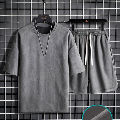 Two-piece Men's summer short-sleeve set, round-neck T-shirt, high-end solid color, half-sleeve, open-back hair clip, thin-fit shorts