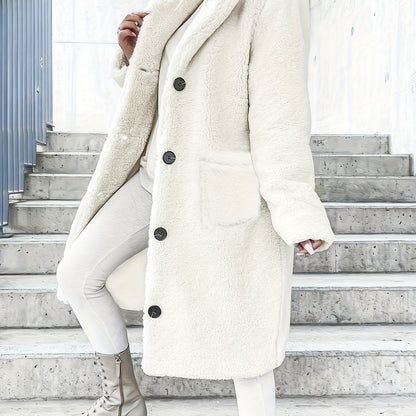 Women'S Elegant Long Faux Fur Coat - Plush Beige Double-Breasted Winter Coat with Button Details, Flap Pockets & Ribbed Cuffs, Stylish Fall/Winter Outerwear for Casual or Formal Outfits, Winter Coats And Vests, Formal Winter