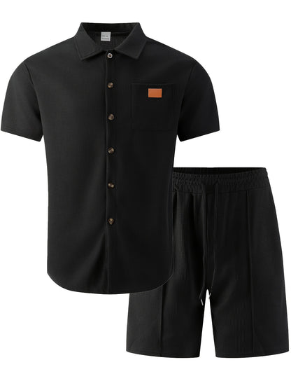 Men's Casual 3-Piece Set: Waffle Knit Shirt, Shorts & Pants