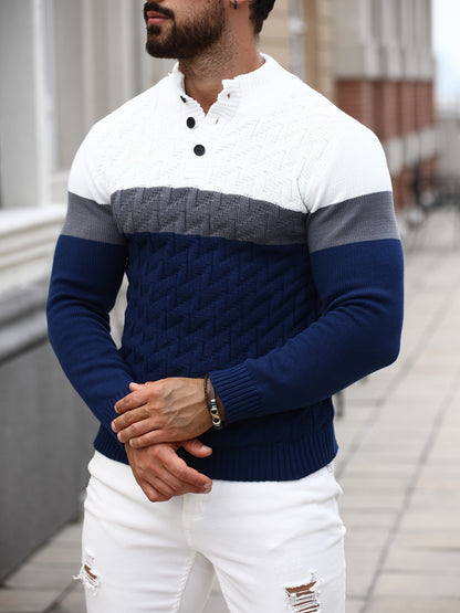 Men'S Stand Collar Pullover | Casual Fashion Quarter Button Stitching Knitwear with Geometric Pattern, Long Sleeve, Regular Fit for Fall/Winter - ayq
