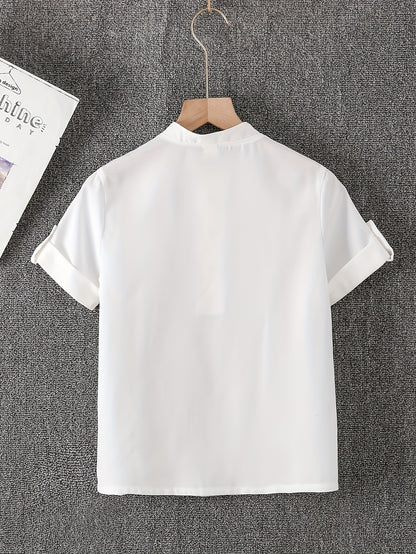 Boys' Short Sleeve Stand Collar Shirt with Contrast Buttons