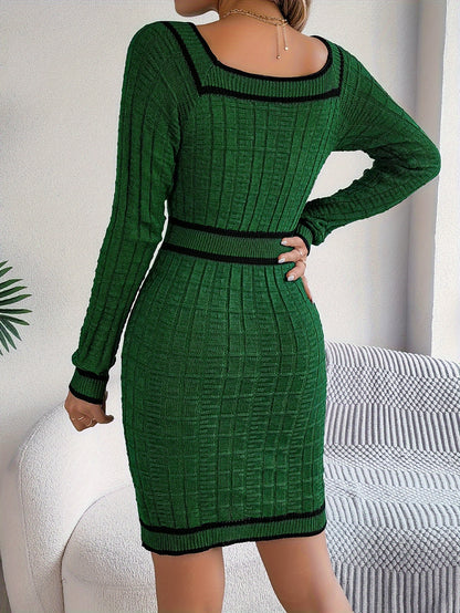 Autumn And Winter Casual Vacation Square Neck Button Decorative Bodycon Dress
