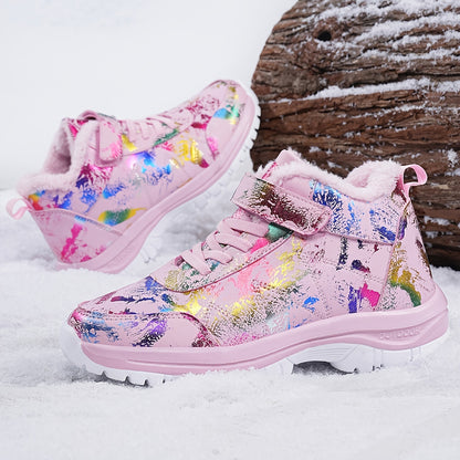 1 Pair Women'S Winter Warm Snow Boots, Fleece-Lined High-Top Outdoor Shoes, Round Toe, Patterned Print, EVA & MD Sole, Fabric Insole - Fashionable Ladies' Footwear