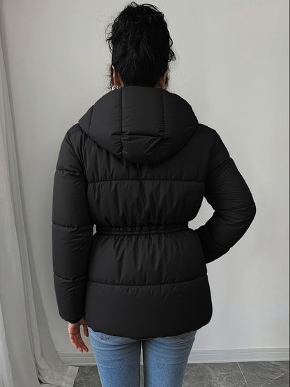 Women'S Elegant Black Puffer Jacket - Mid-Length Loose Fit with Adjustable Drawstring Waist, Long Sleeves, and Front Zipper, Casual Winter Outerwear for Cold Weather, Winter Jacket
