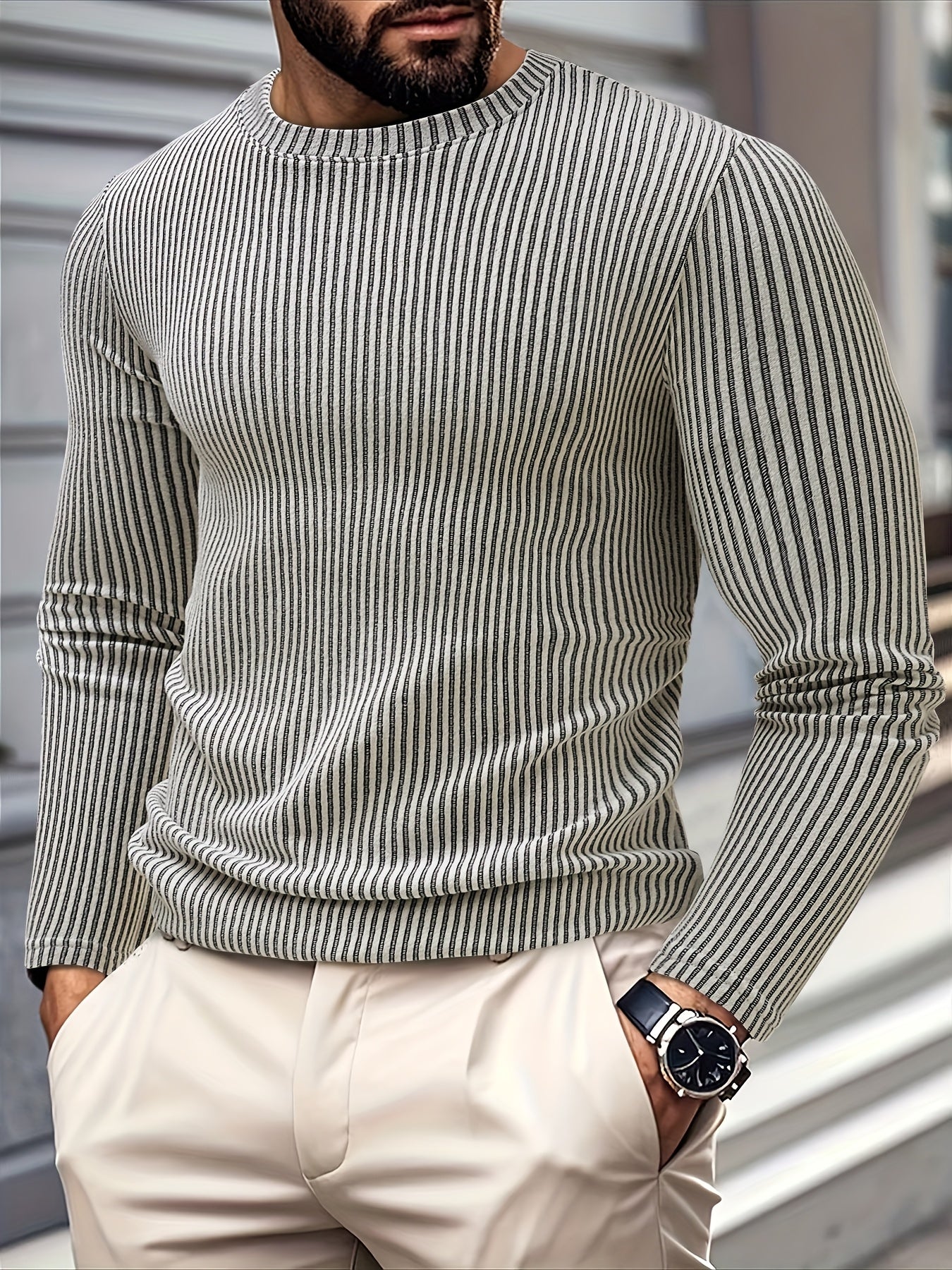 Men's Casual Knit Sweater - Spring/Fall Ribbed Crew Neck Top