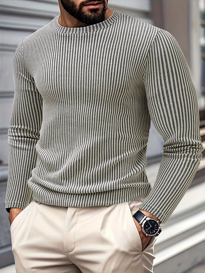 Men's Casual Knit Sweater - Spring/Fall Ribbed Crew Neck Top