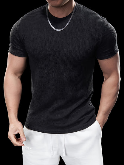 Men's Slim Fit Stretch Crew Neck Short Sleeve T-Shirt - Solid Color Black, Summer Casual  Sporty Tee for Casual Attire