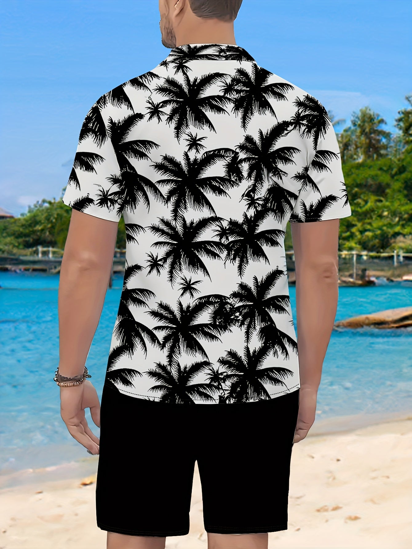 Men's Casual Summer Shirt Set, Black Palm Tree Pattern 3D Print, Loose Collar Short Sleeve Shirt and Drawstring Shorts 2pcs Set