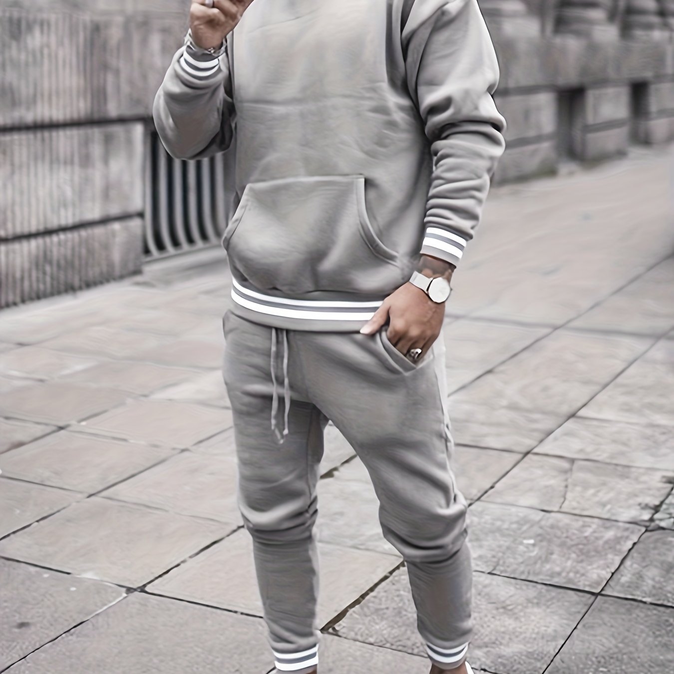 Men's Solid Color Hooded Casual Sportswear Set - ayq