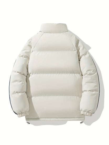 Men'S Double-Sided Winter Jacket - Thickened Stand Collar, Zip-Up Casual Long Sleeve Coat with "MADEASURABLE" & "I CONUT" Branding, Black & White, Regular Fit for Autumn & Winter, Autumn Outerwear, Bold Lettering, Durable Fab