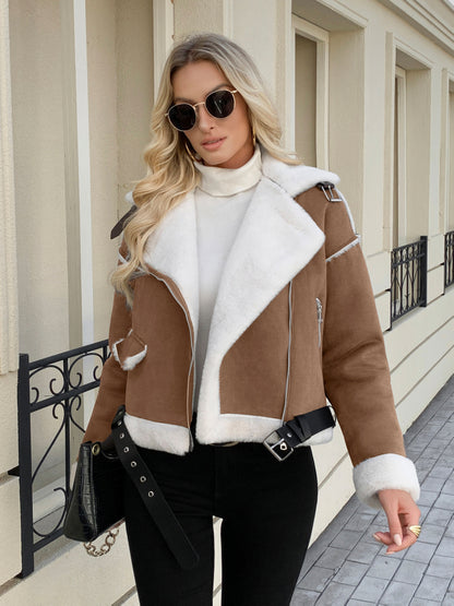 Women's Winter Jacket Thick Coat with White Fur Collar & Cuff - Elegant Brown Outerwear, Belted Waist (No-Stretch) for Fall/Winter, Machine Washable Cold Weather Jacket (No) - Coat for Dresses/Skirts