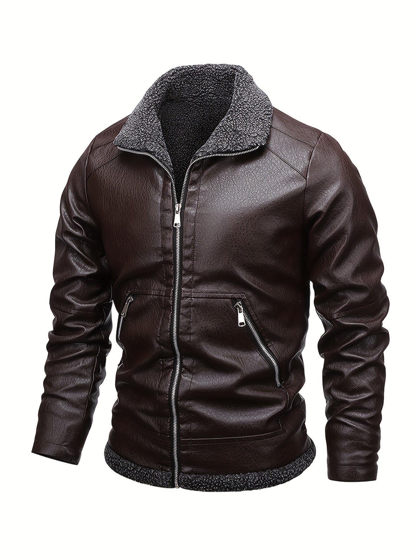 Men'S Cozy Fleece-Lined Bomber Jacket - Thick Winter Coat with Multiple Pockets, Zip-Up Casual Pilot Style, Brown, Polyester Lining, Perfect for Fall & Winter, Winter Bomber Jacket