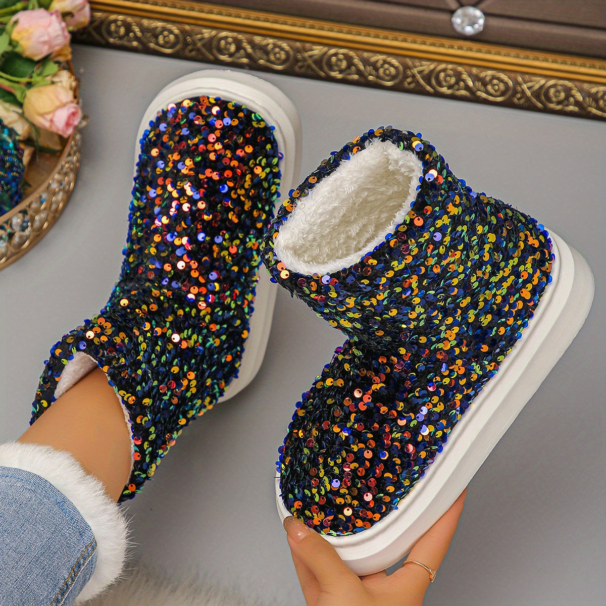 Women'S Sparkling Sequin Snow Boots - Cozy Fleece-Lined Slip-On Ankle Boots with Thick Rubber Sole, Lightweight & Warm for Winter, Blue & White Glittery Design, Perfect for Casual or Festive Outfits, Winter Boots