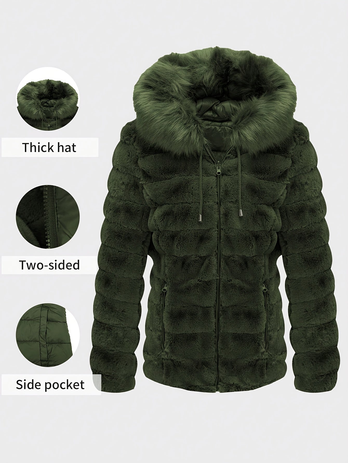 Women'S Heavyweight Winter Coat - Dual-Sided Reversible Jacket with Full-Zip Front, Hooded Collar, Two-Way Zipper Closure - Warm Outerwear for Cold Weather, Office, Travel - Elegant Brown Coat (Size & Wash Label in Pocket), L