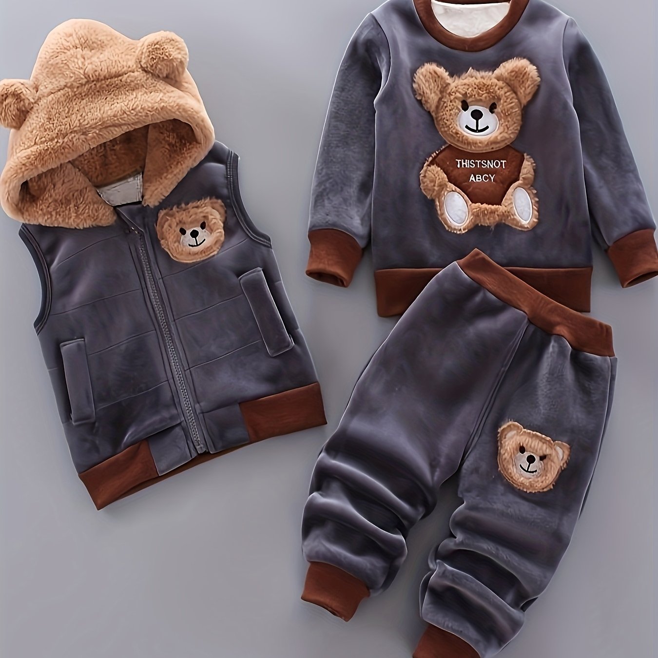 Boys' Autumn and Winter Fleece-Lined Warm Long Sleeve Set with Bear Face, Stylish Casual Three-Piece Outfit, Perfect for Outdoor Activities, Outdoor Playwear, |playful Bear Design|zippered Jacket, For Outdoor